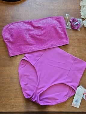 MIXED SET-Glitter Bandeau Bikini Set in Bright Pink - High-Waist Swim Briefs